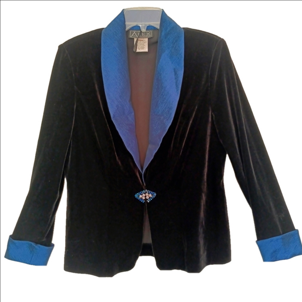 Alex Evenings Blazer Women's Size M Black Velvet Jacket Blue‎ Lapel Collar